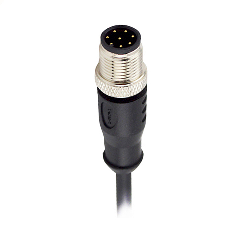 M12 8pins A code male straight molded cable,unshielded,PVC,-10°C~+80°C,24AWG 0.25mm²,brass with nickel plated screw